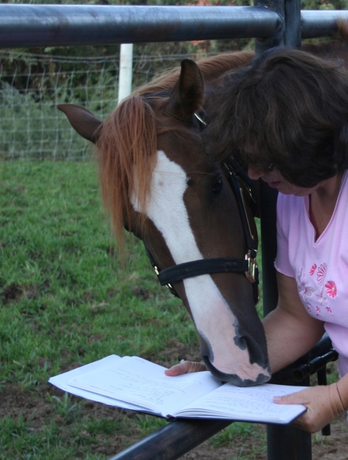 The author gets manuscript approval from a horse she wrote about for Corrales MainStreet News.